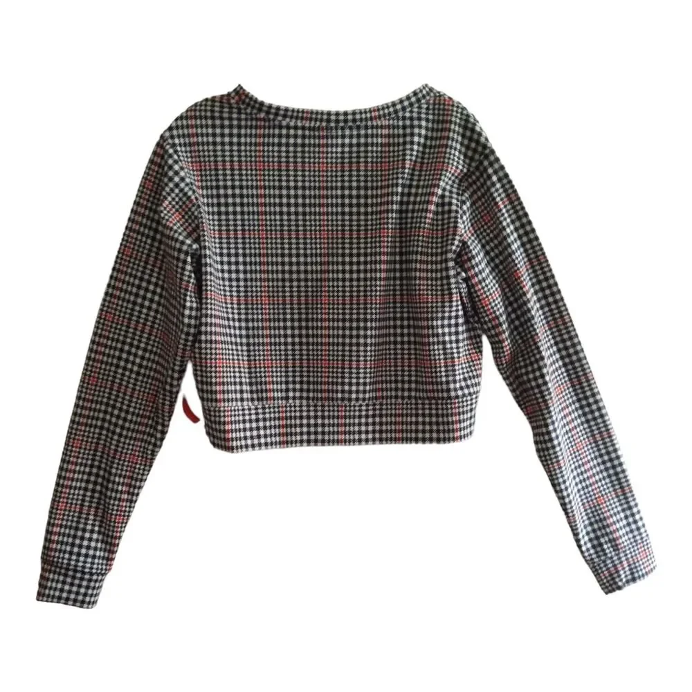 CRUSH Crop Top ABC Family Womens Large Houndstooth Plaid Long Sleeve NWT